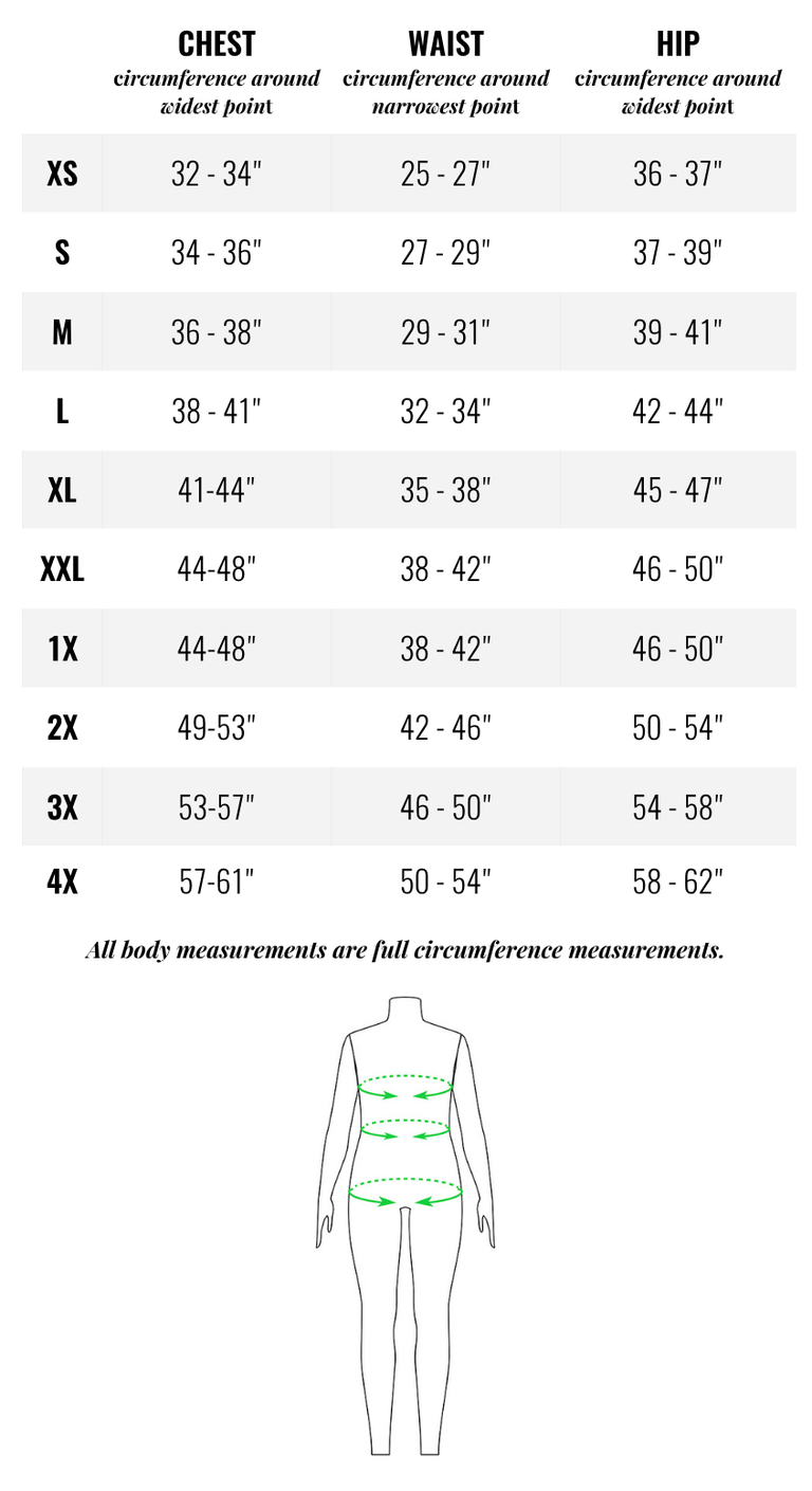 Measurement chart for chest, waist, and hip circumferences with corresponding size labels.