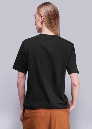 S=Person wearing a black t-shirt on a plain background