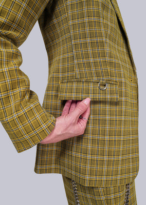 S=Close up of yellow plaid blazer with a hand touching the pocket flap on a light gray background
