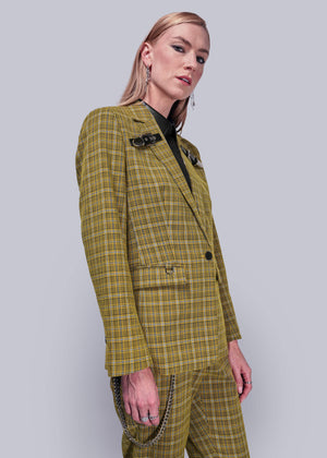 S=Side view of person wearing a yellow plaid suit against a plain background