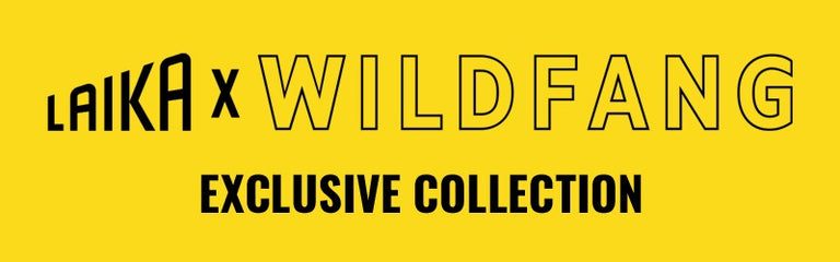 On yellow background, black text reads LAIKA X WILDFANG EXCLUSIVE COLLECTION