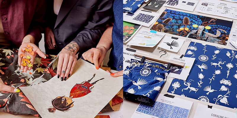 Two images side by side showing drawings, patterns, and Laika film images and drawings all used as inspiration for the Laika x Wildfang collection.