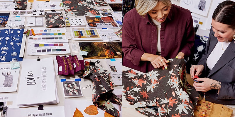 Two images side by side show color swatches, fabric, prints, drawings, and mock ups, as well as the Laika and Wildfang team coming together to create the collection,