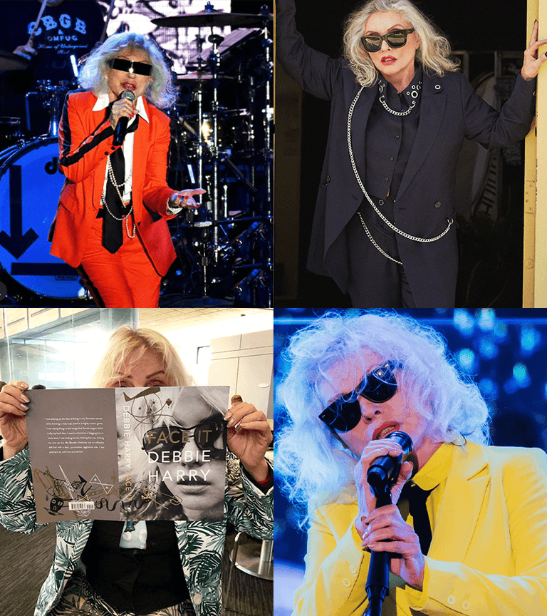 Grid of 4 images of Debbie Harry performing and posing wearing Wildfang suiting pieces over the years. Includes a red suit, a yellow suit, a patterned suit, and a black suit from the Debbie Harry x Wildfang collection.