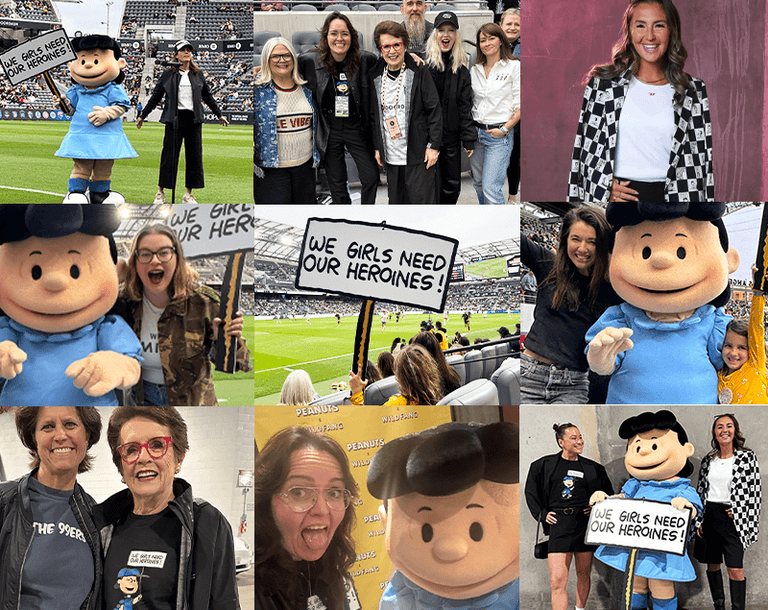 Grid of 9 images from the Peanuts x Wildfang event at the Angel City Football Club stadium. Images feature a mascot of Lucy, a sign that reads "We girls need our heroines!" and pictures of Billy Jean King, Emma Mcilroy, players from ACFC, and Parvati Shallow.