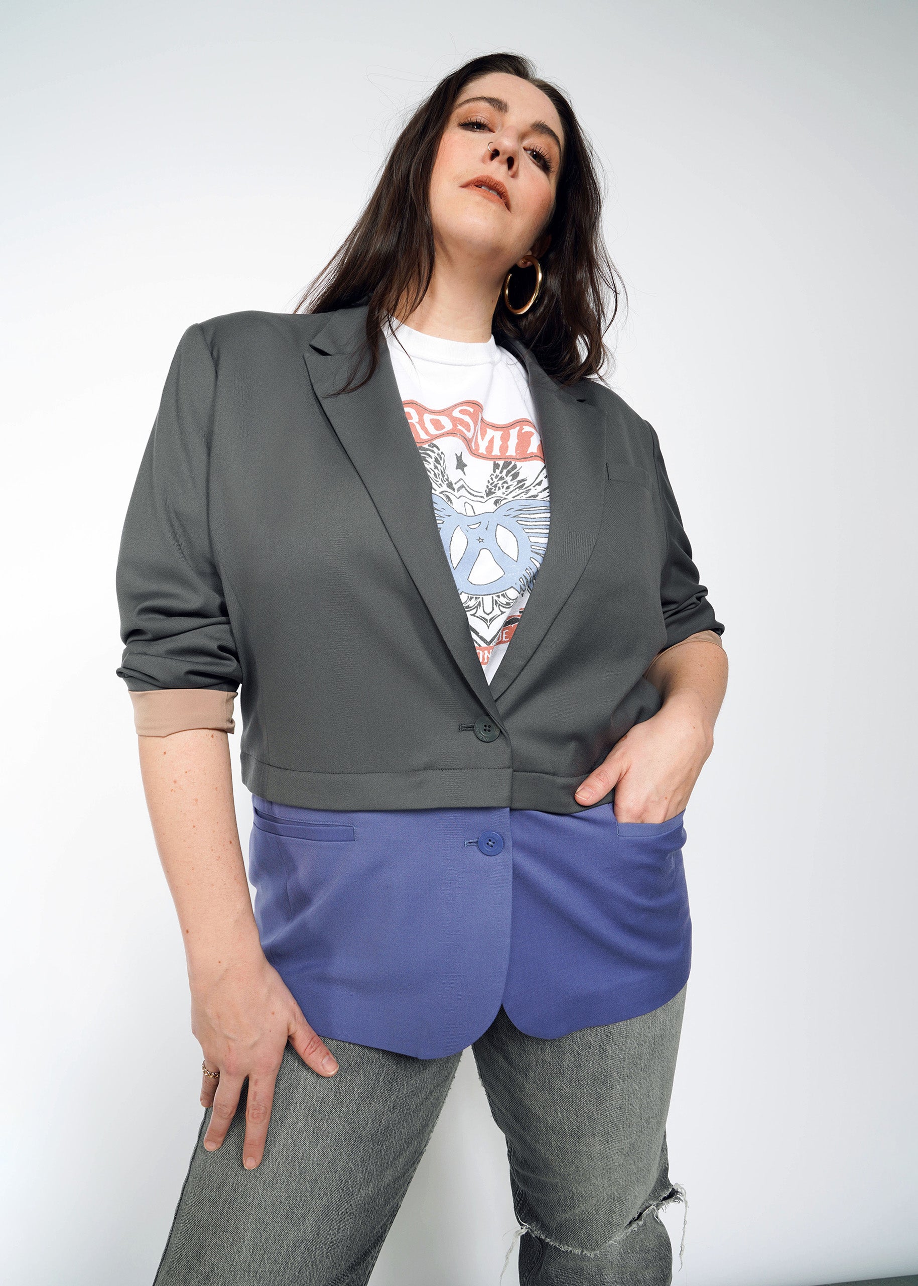 1X=The Empower Cropped Convertible Blazer in Charcoal/Blueberry