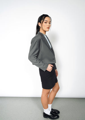 S=The Empower Cropped Convertible Blazer in Charcoal/Blueberry