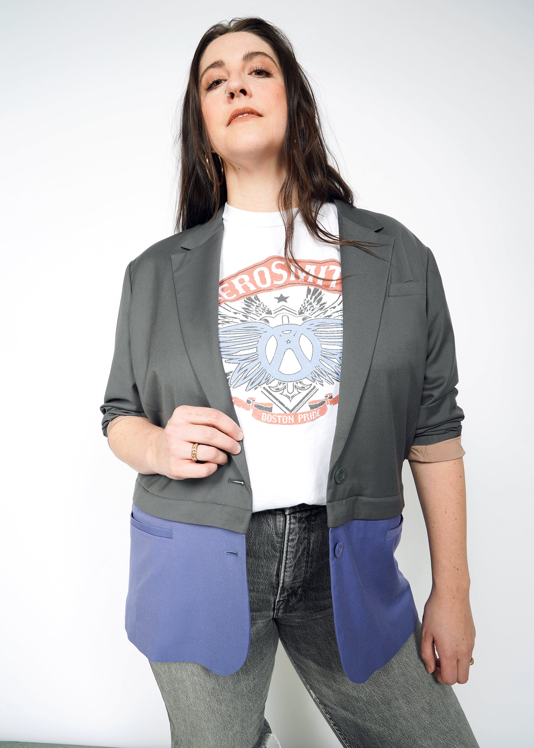 1X=The Empower Cropped Convertible Blazer in Charcoal/Blueberry