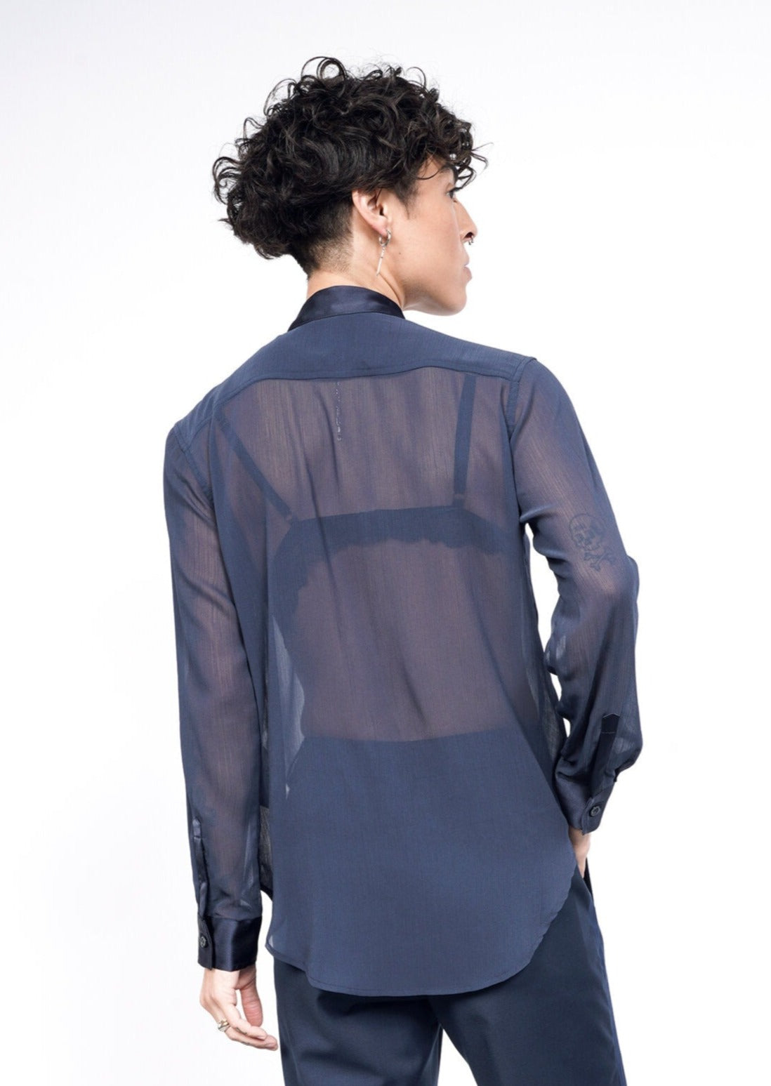 S=The Empower Sheer Long Sleeve Tuxedo Button Up in Navy