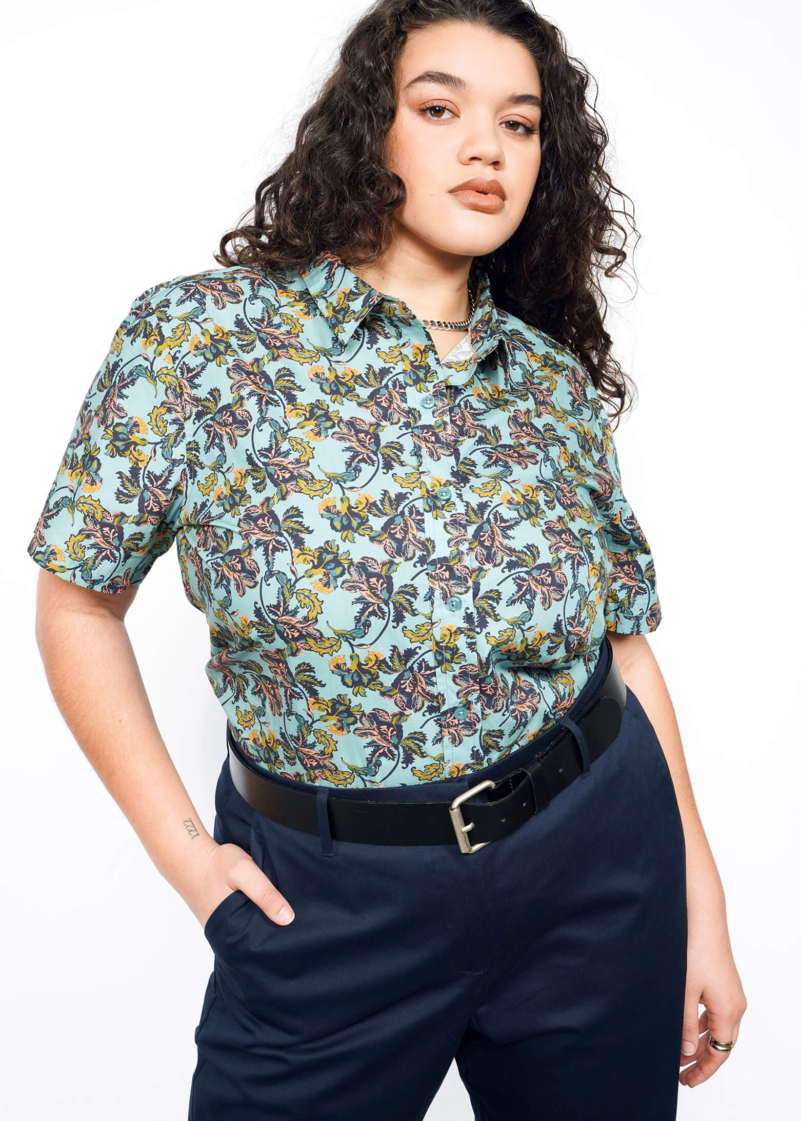 The Essential Button Up in Iris Light Teal Multi