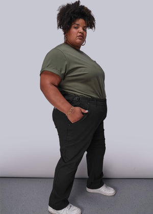 1X=Person wearing a green t-shirt and black pants against a plain background