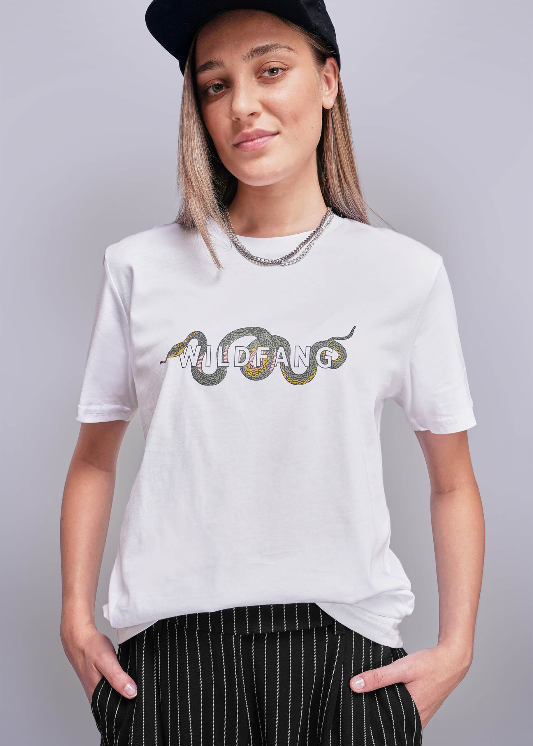 S=Person wearing a white t-shirt with 'WILDFANG' logo on a plain background