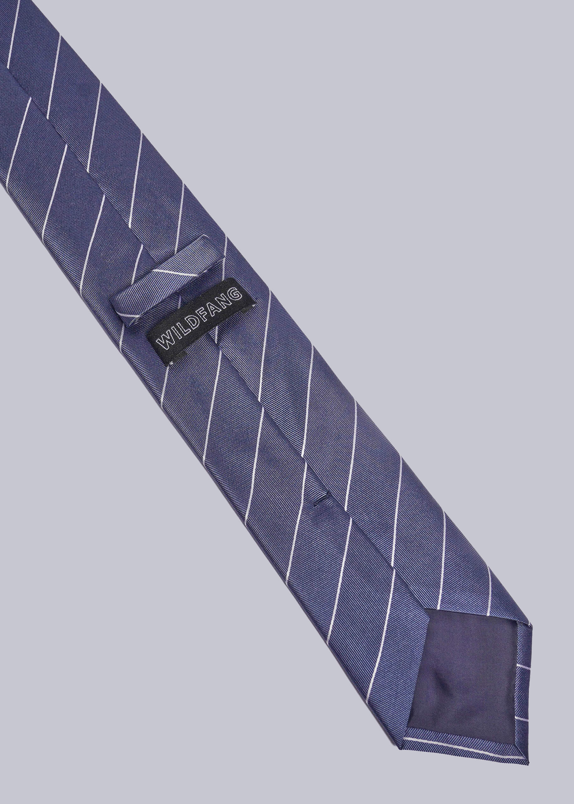 Blue tie with white stripes on a light gray background