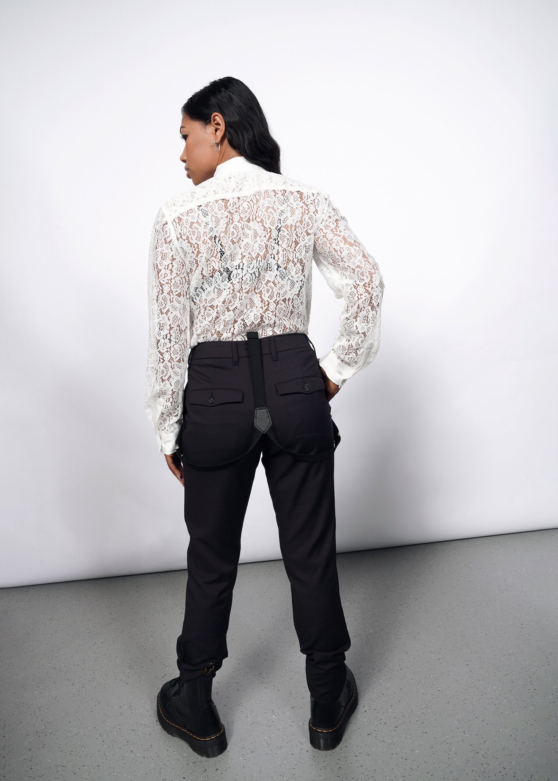 Model wearing The Empower Lace Long Sleeve Tuxedo Button Up in White
