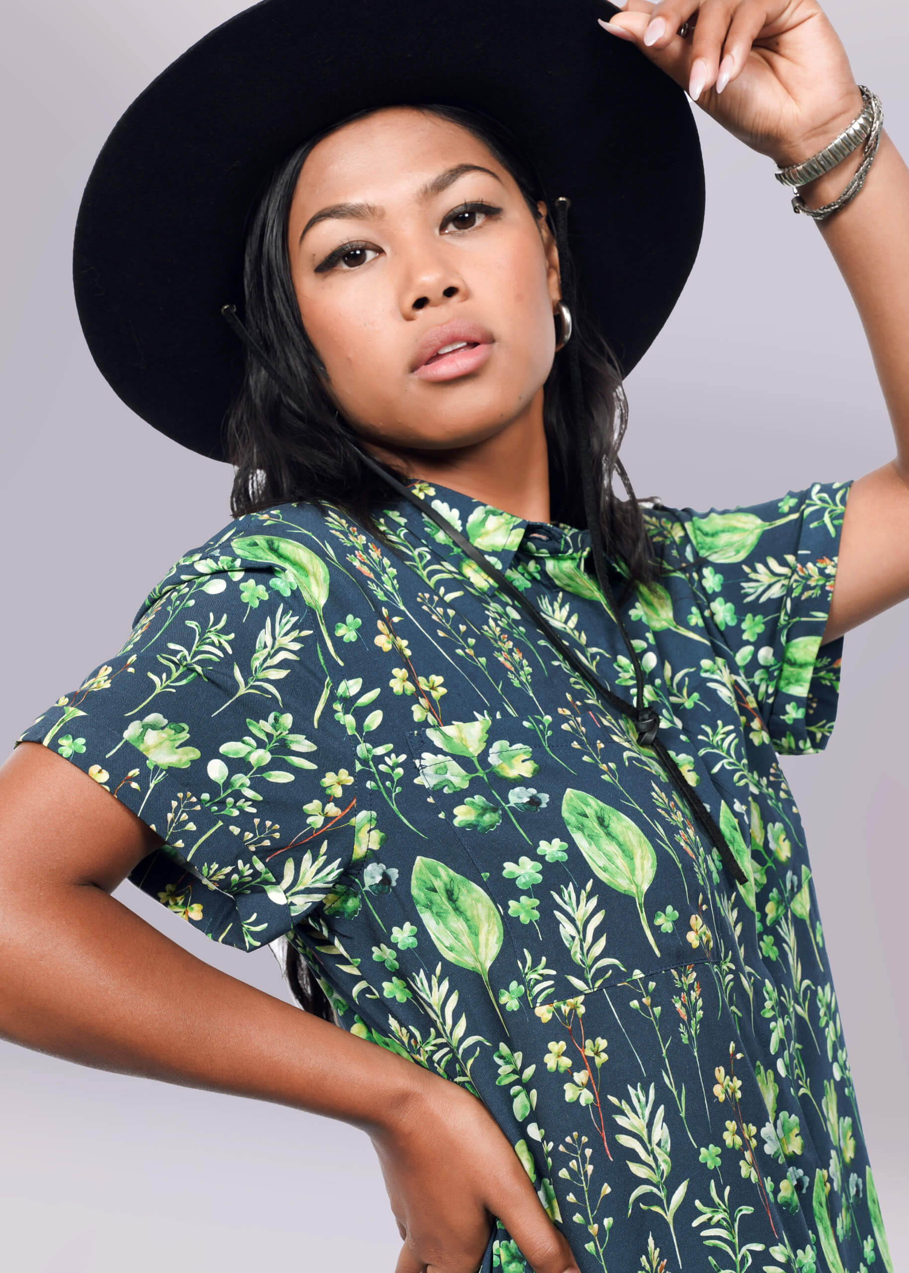 S=Model wearing The Empower Shirt Dress in Leaf Navy