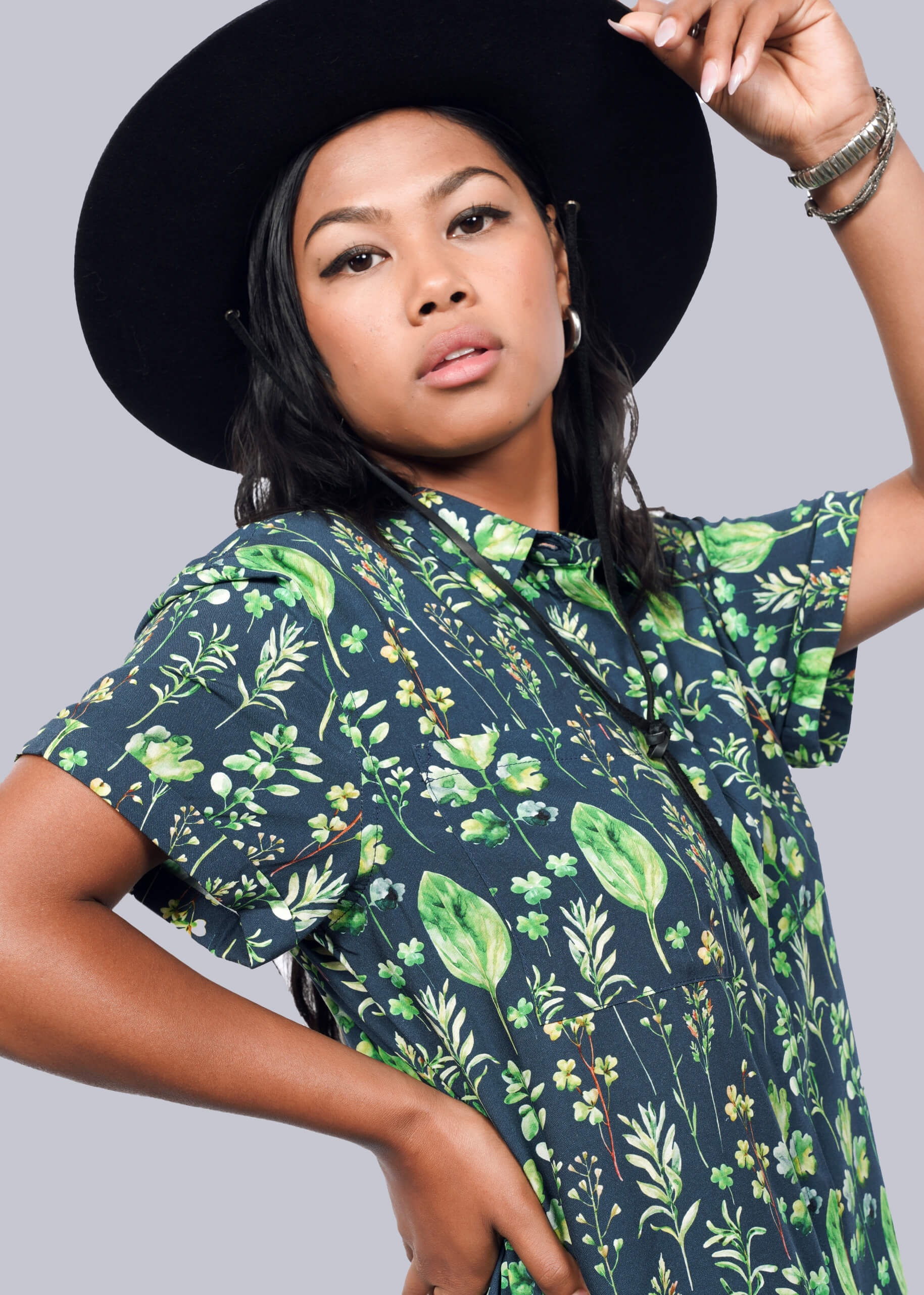 S=Model wearing The Empower Shirt Dress in Leaf Navy
