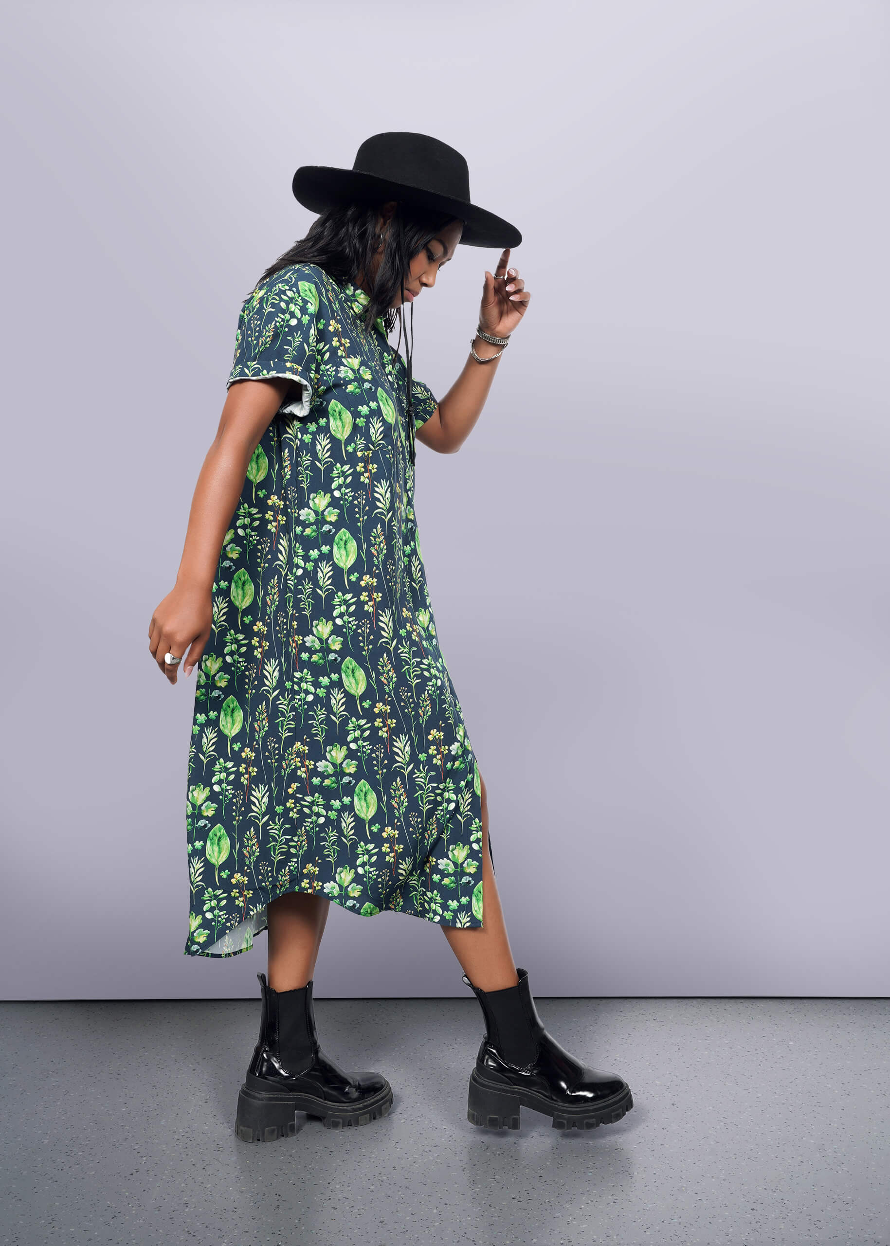 S=Model wearing The Empower Shirt Dress in Leaf Navy