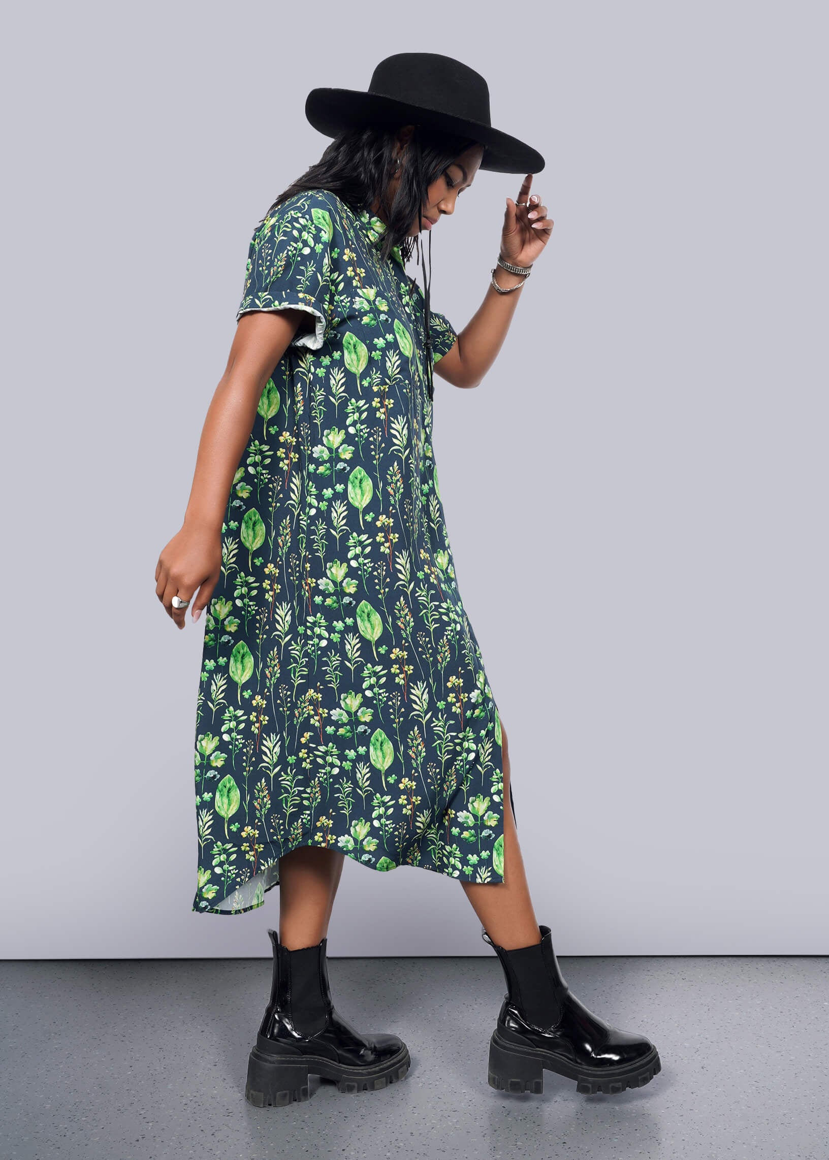 S=Model wearing The Empower Shirt Dress in Leaf Navy