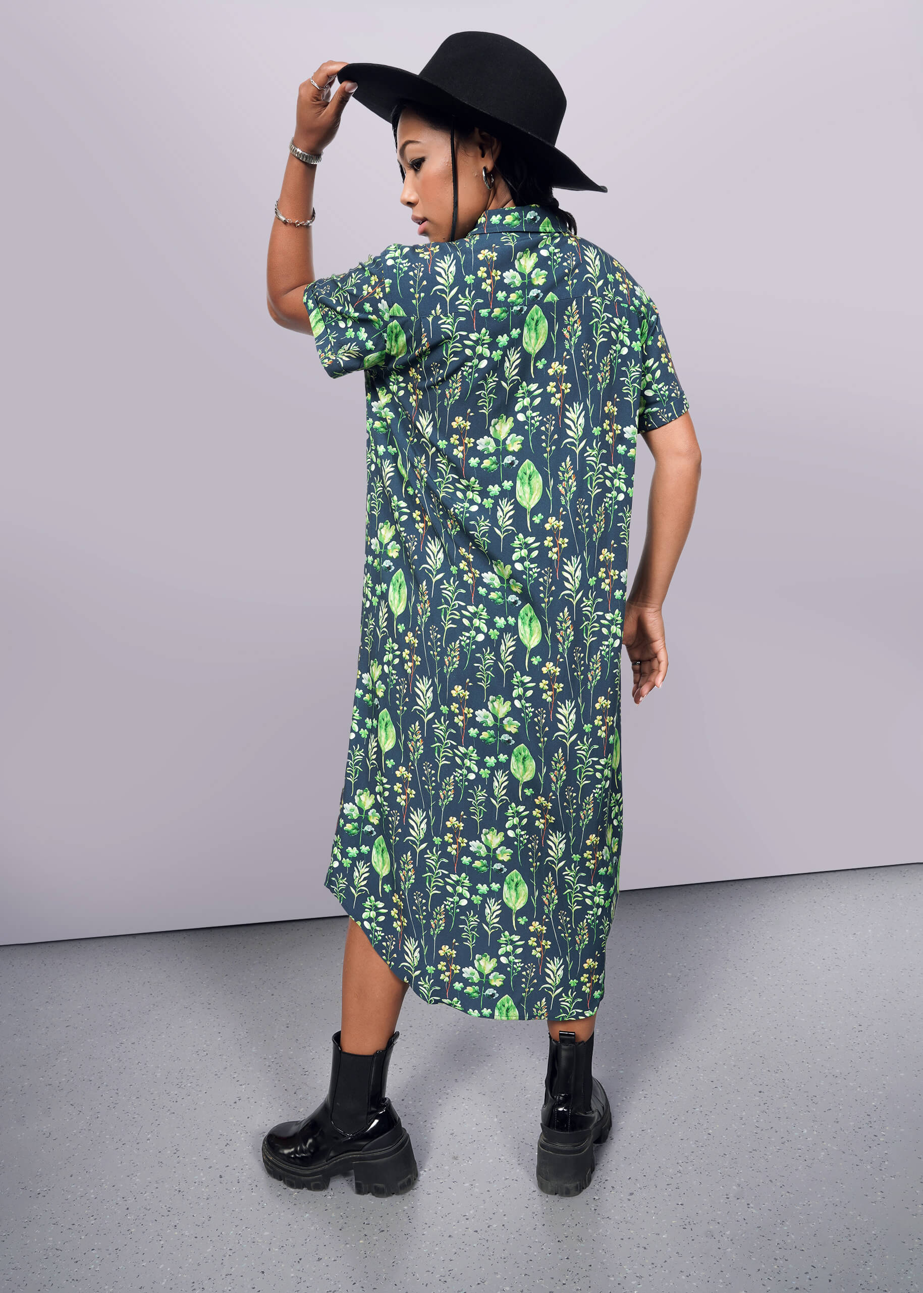 S=Model wearing The Empower Shirt Dress in Leaf Navy