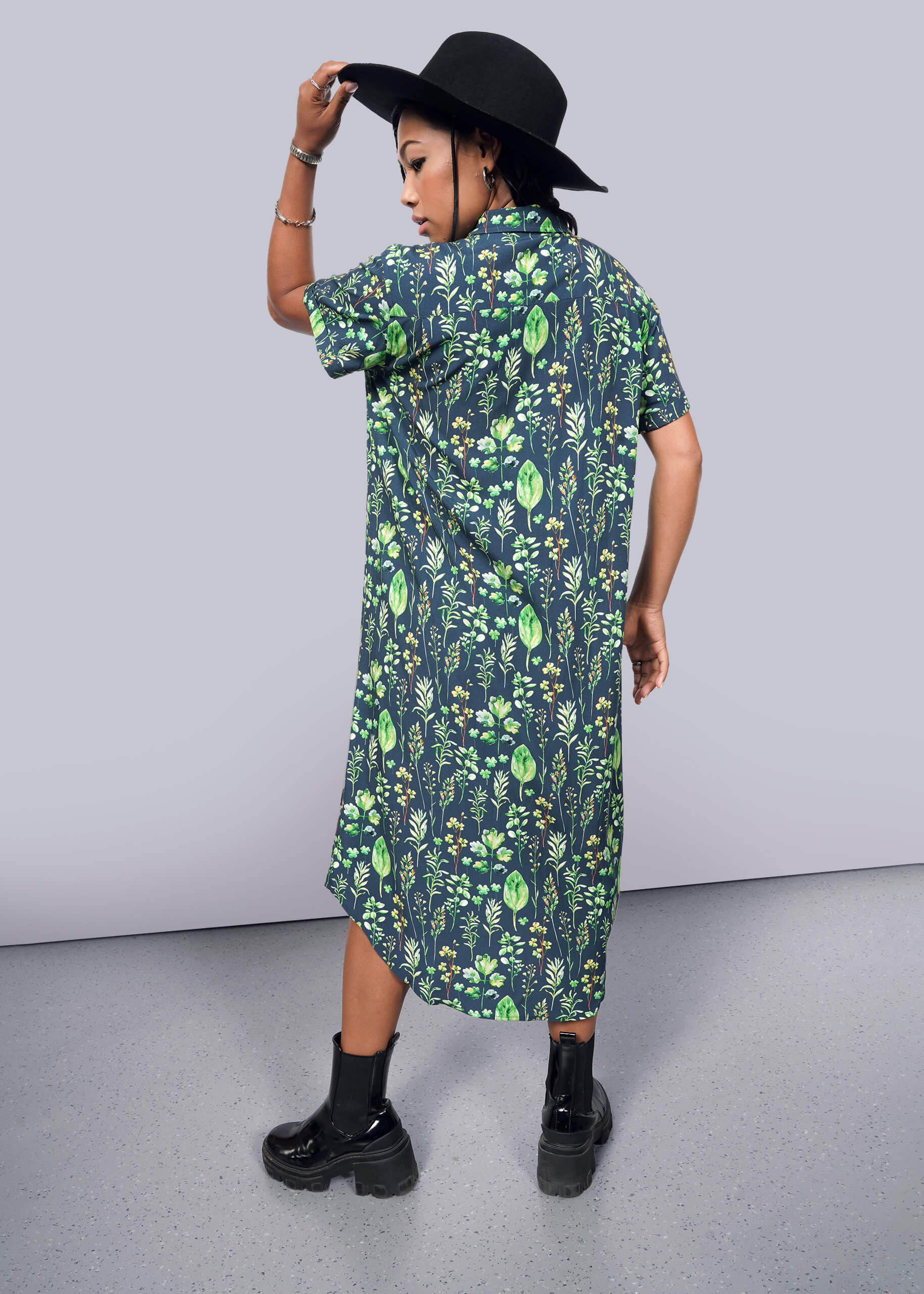 S=Model wearing The Empower Shirt Dress in Leaf Navy