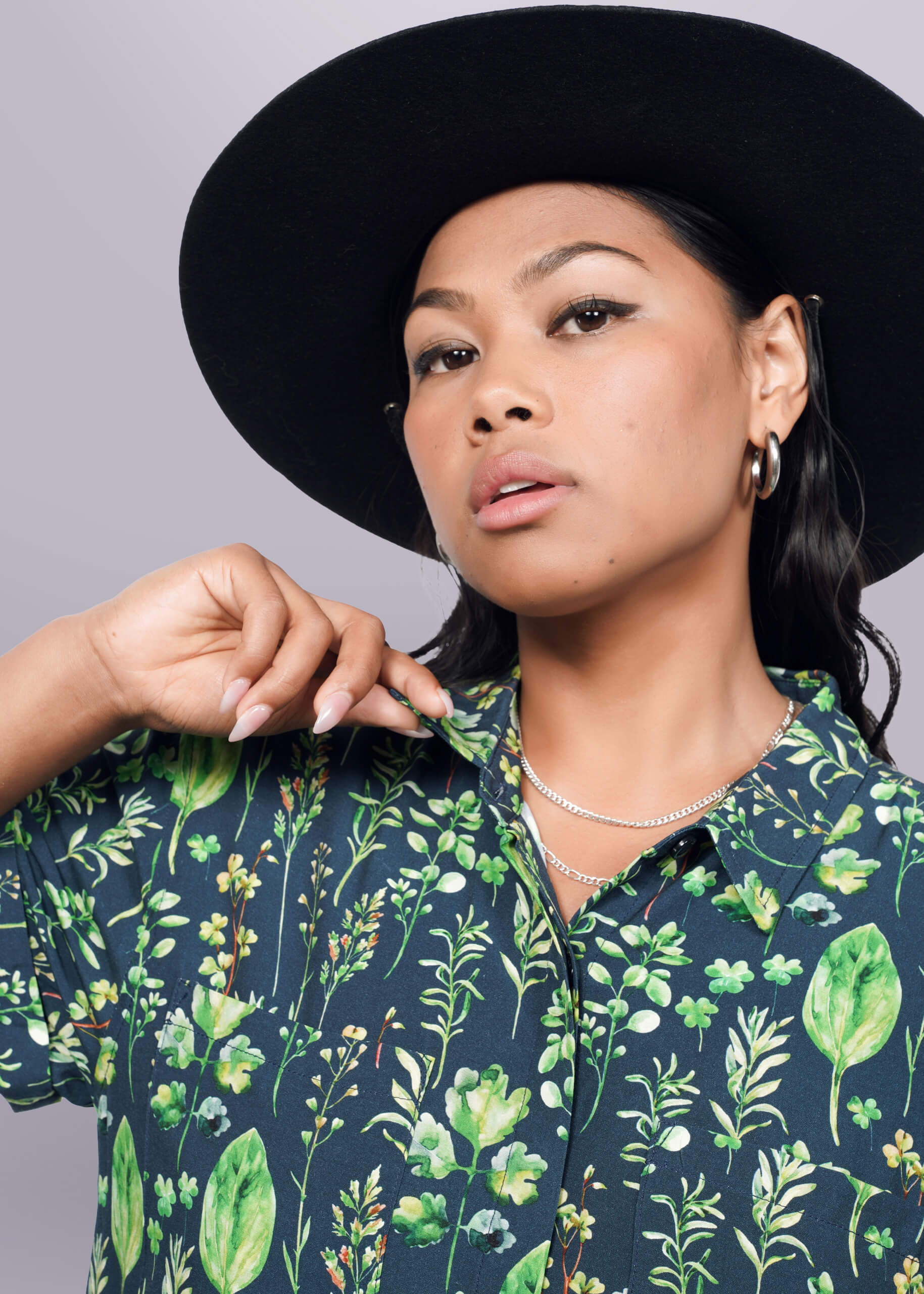S=Model wearing The Empower Shirt Dress in Leaf Navy