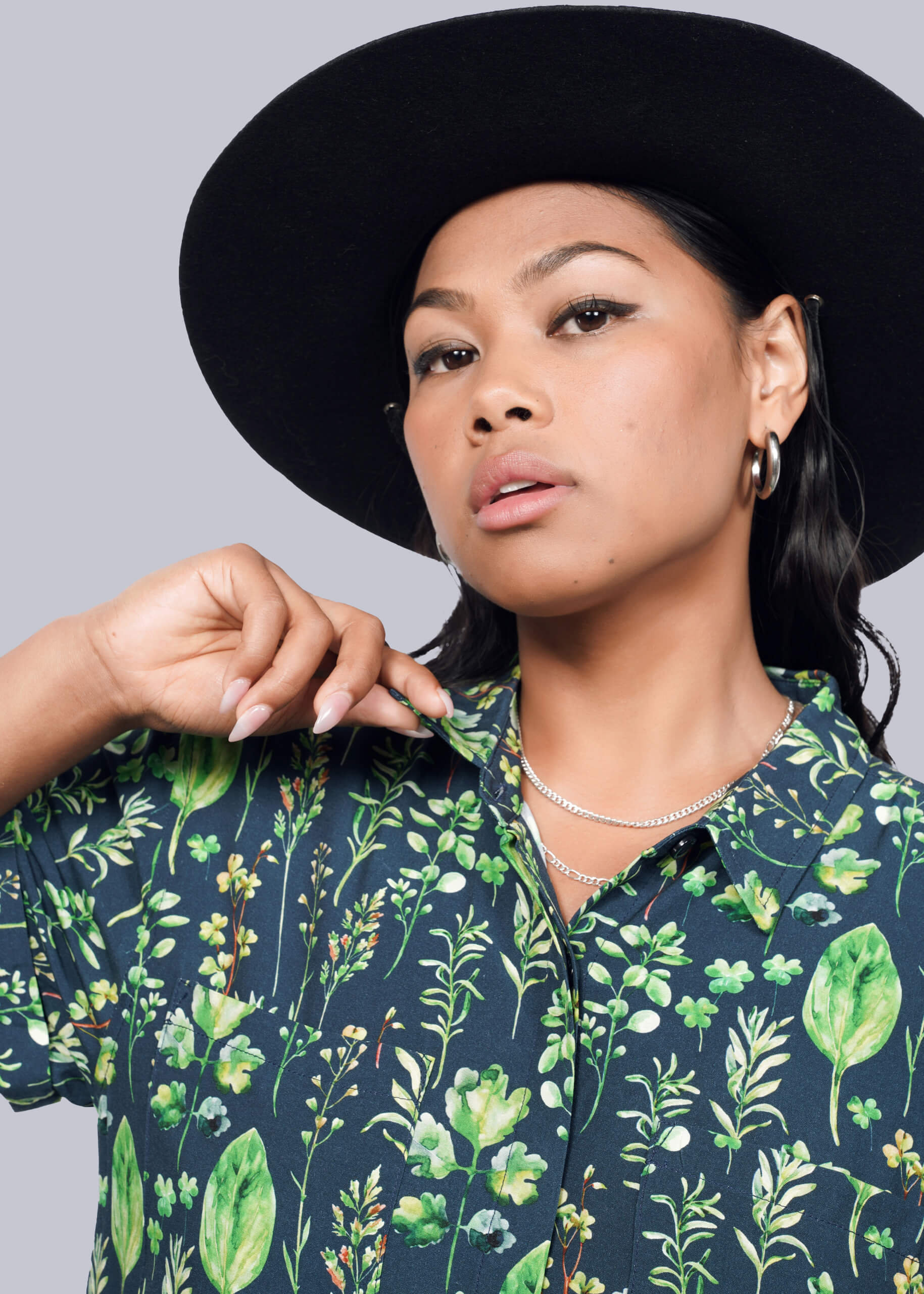 S=Model wearing The Empower Shirt Dress in Leaf Navy