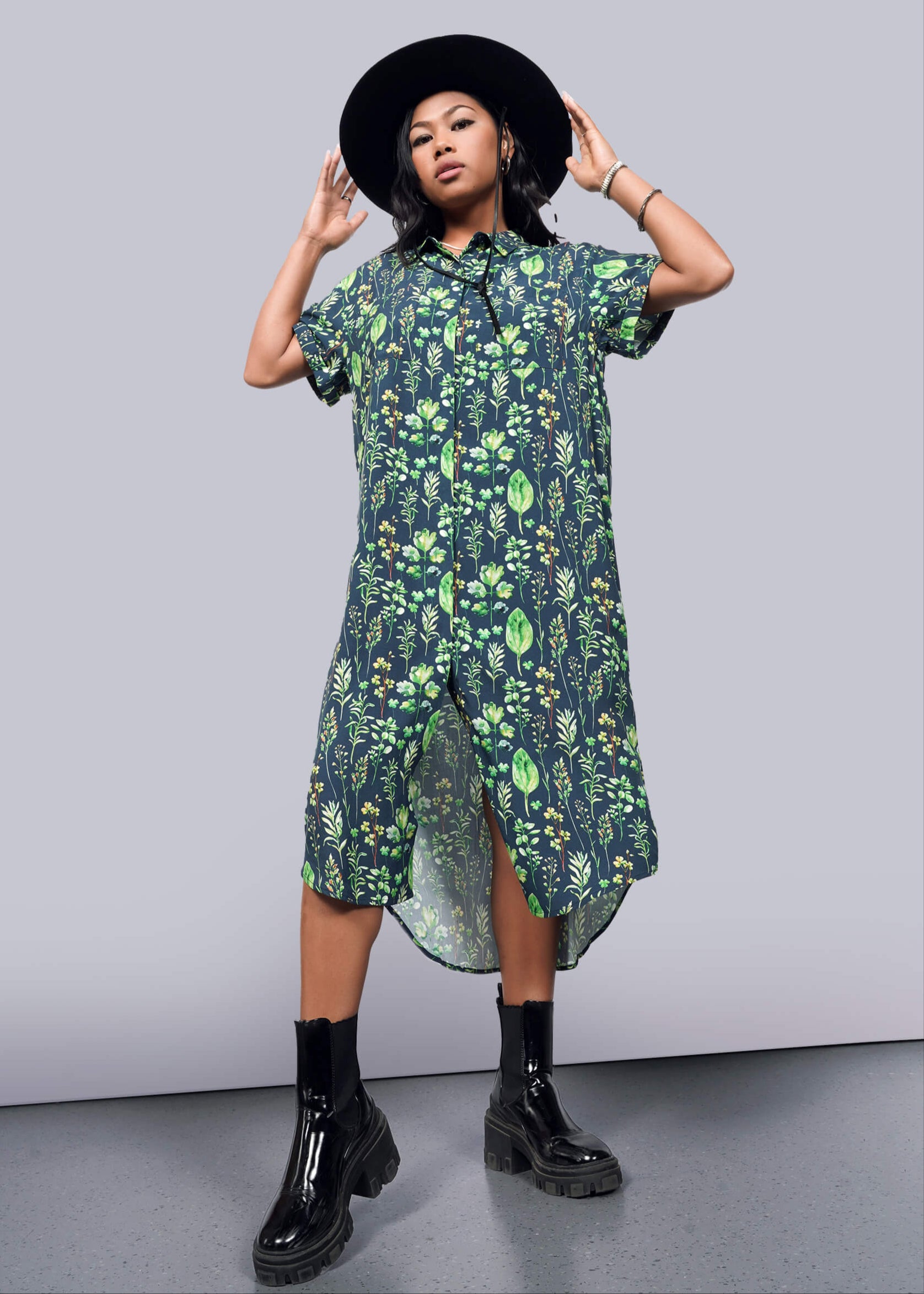 S=Model wearing The Empower Shirt Dress in Leaf Navy
