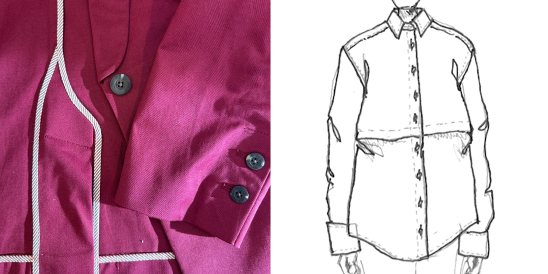 Close up image of Wildfang button up seams and buttons next to image of button up sketch.