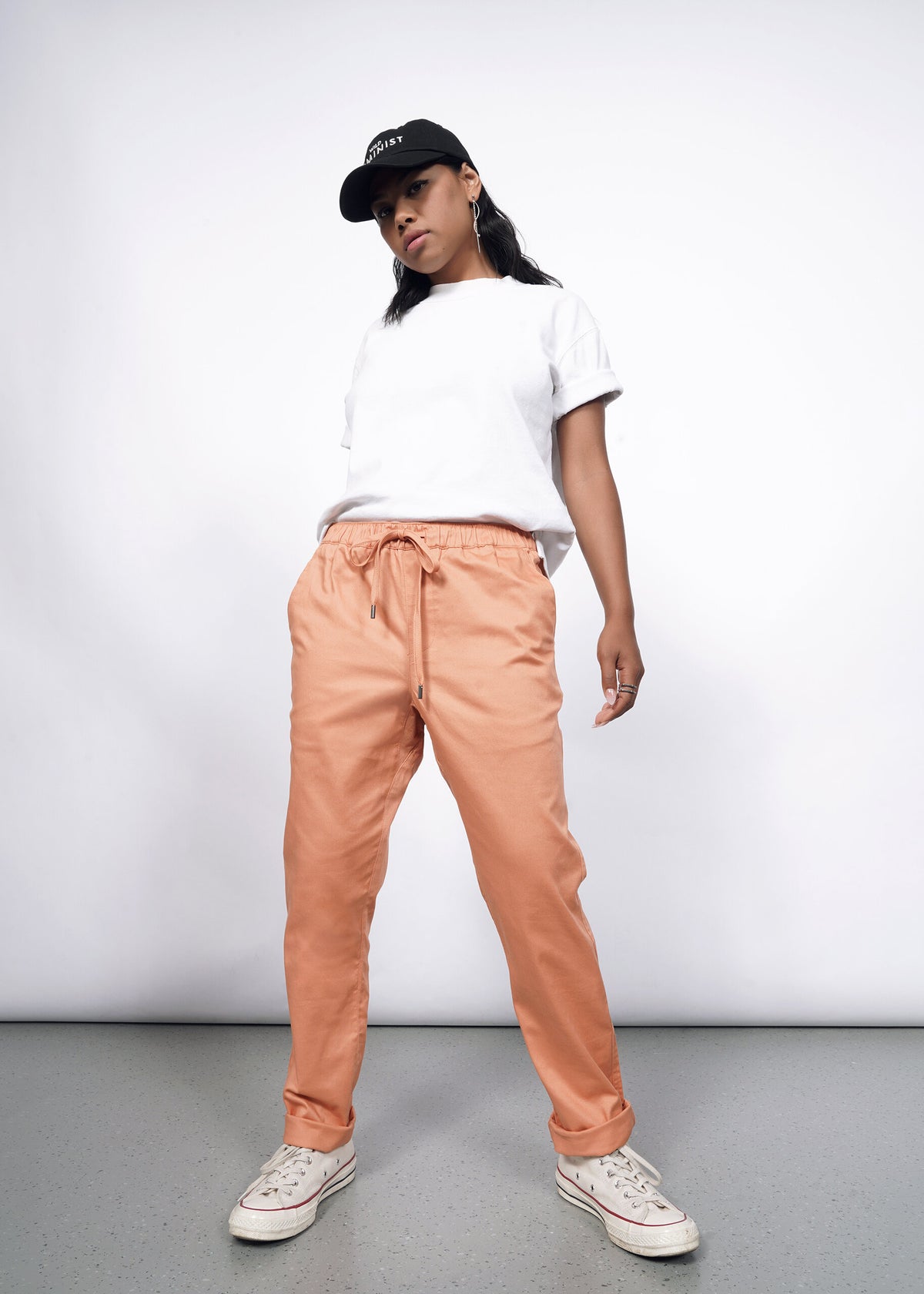 Model wearing The Essential Drawstring Pant in Pecan