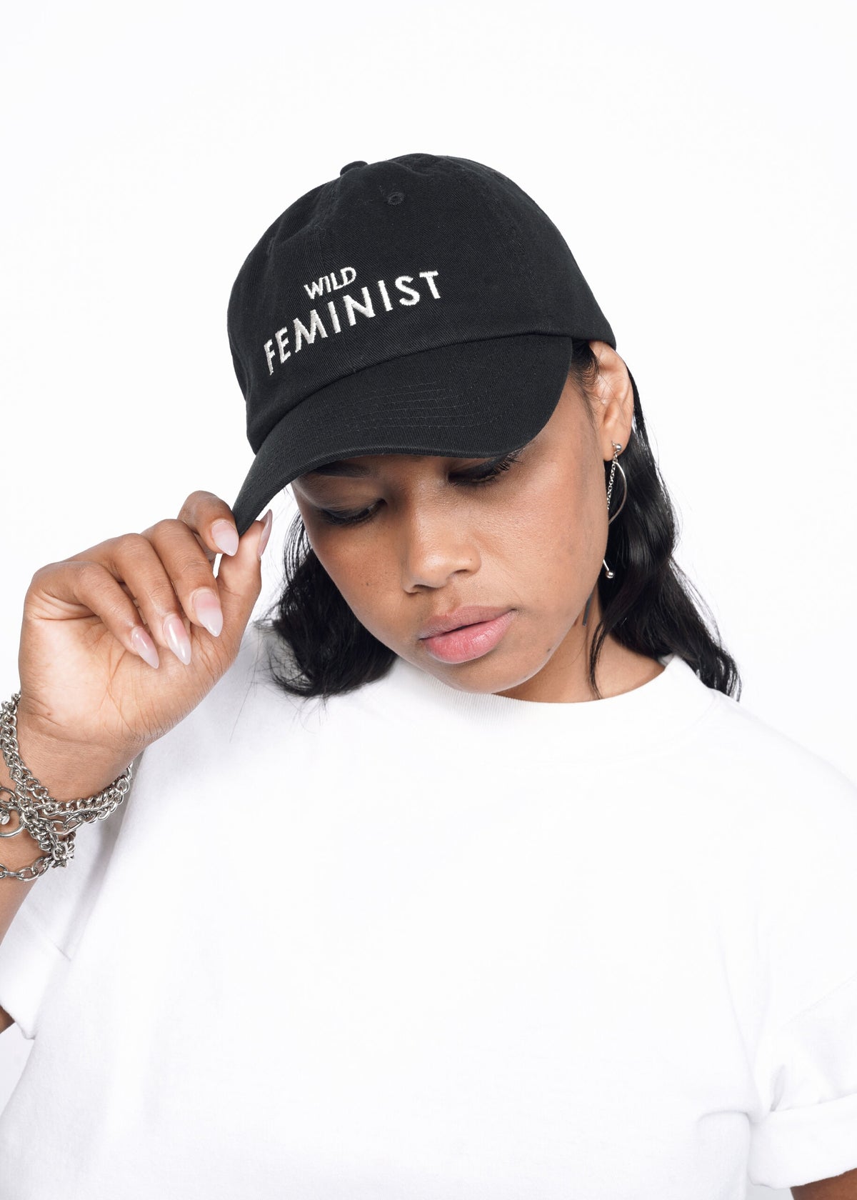 Model wearing Wild Feminist Dad Hat in Black