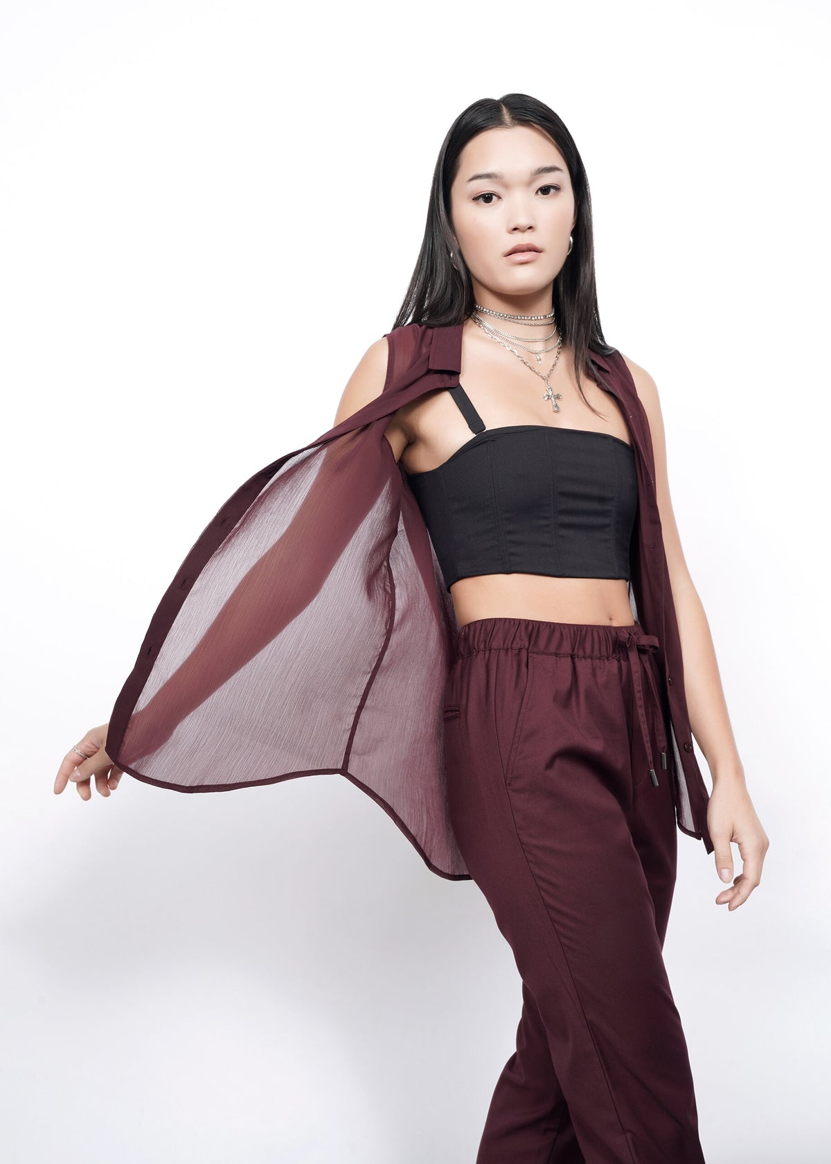 The Empower Sheer Sleeveless Button Up in Merlot