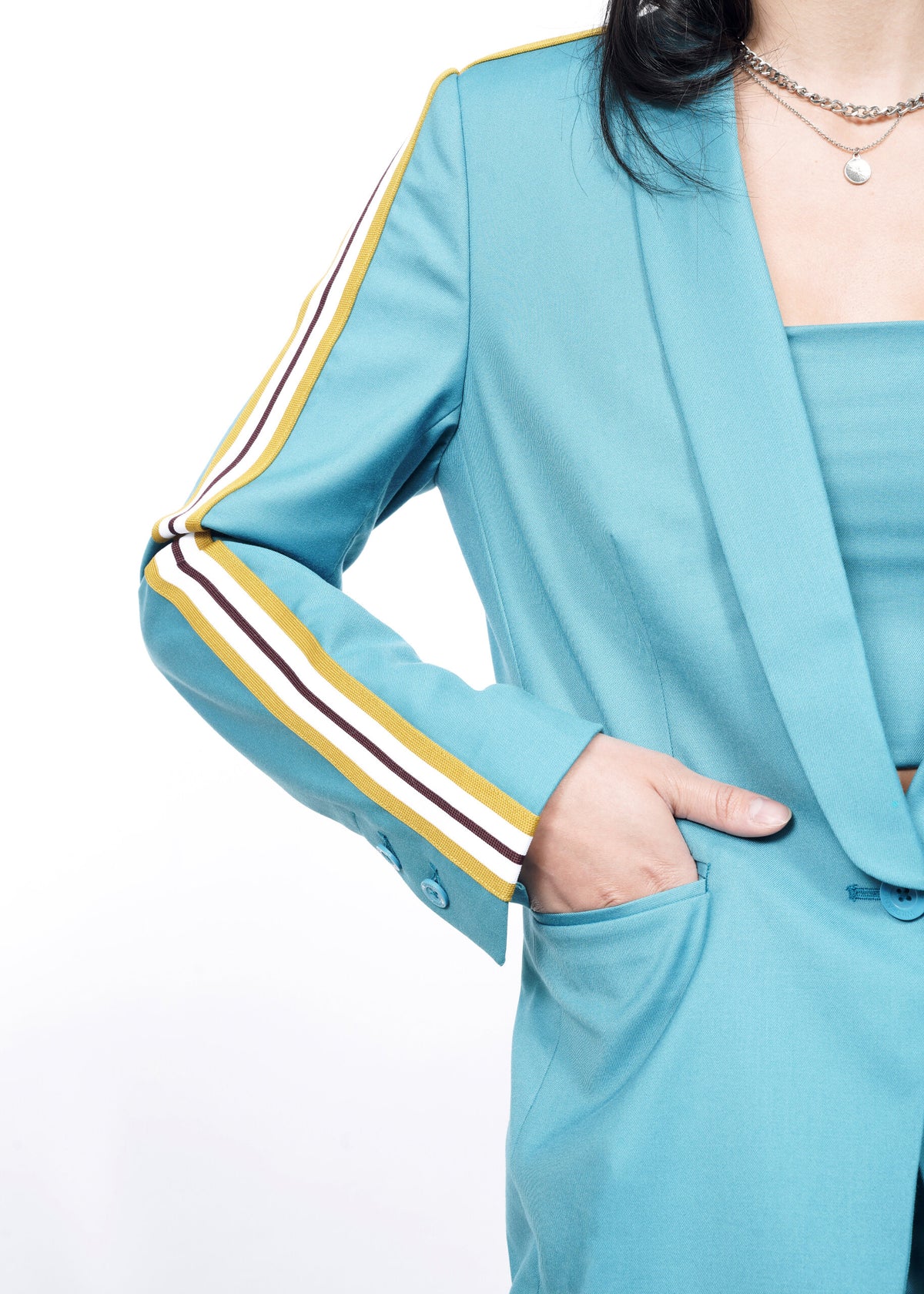 The Empower Taped Colorblock Tux Blazer in Coastal