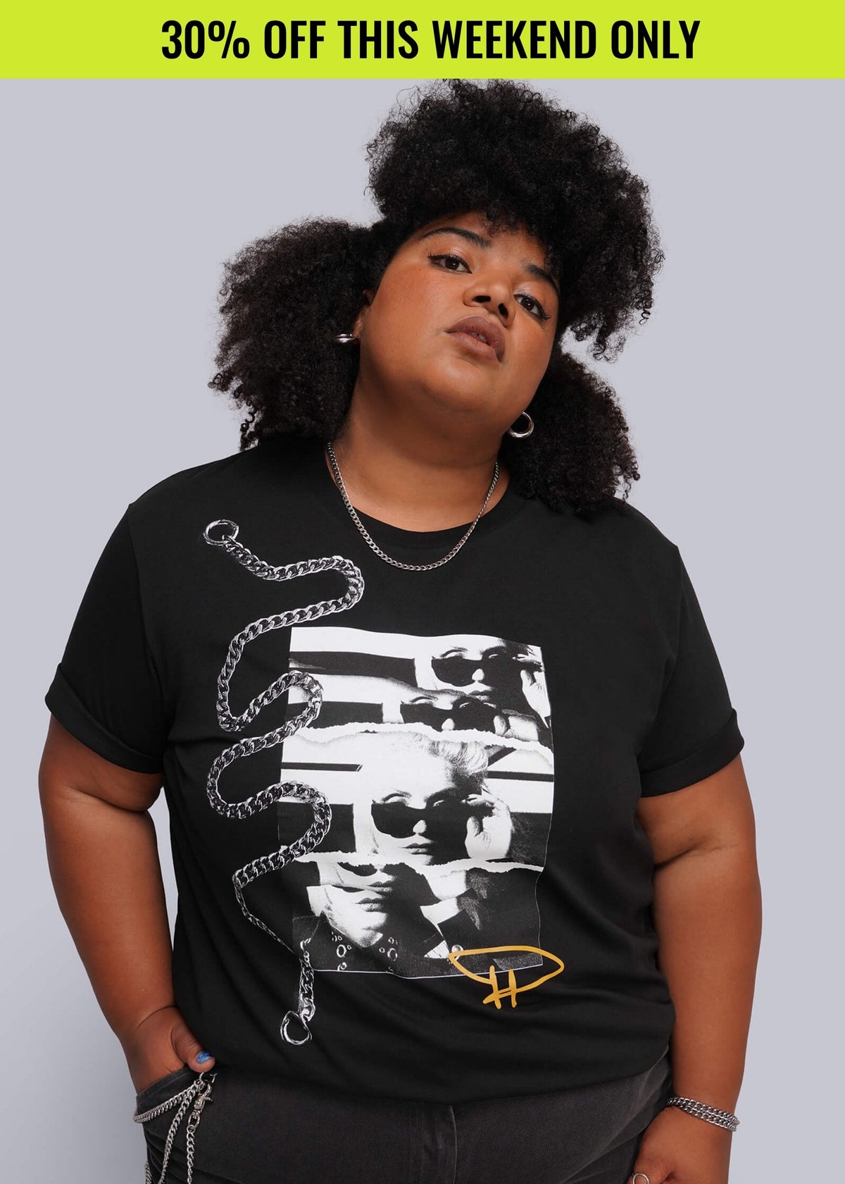 Person wearing black graphic tee with Debbie Harry image. Promotional banner on top of image reads 30% OFF THIS WEEKEND ONLY