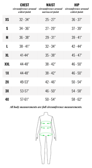 Measurement chart for chest, waist, and hip circumferences with corresponding size labels.