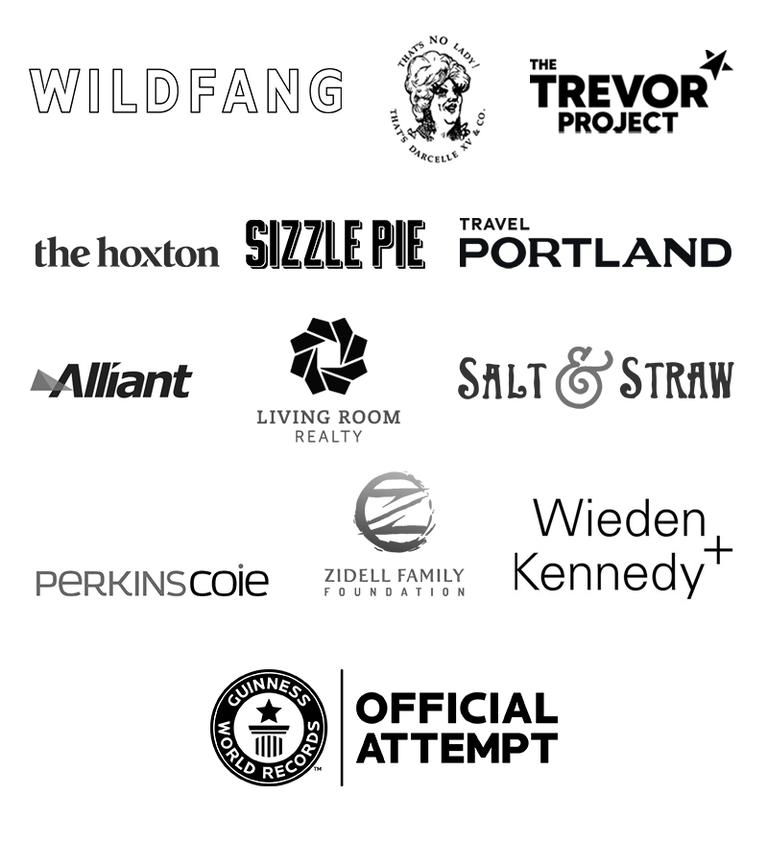Black logos on white background of Wildfang, Darcelle's, The Trevor Project, The Hoxton, Travel Portland, Sizzle Pie, Salt & Straw, Perkins Coie, Alliant, Zidell Family Foundation, Living Room Realty, Wieden + Kennedy, and Guinness World Records Official Attempt.