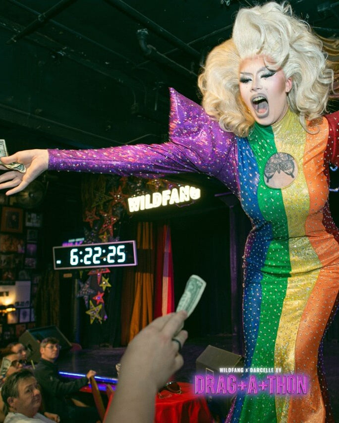 Image from Dragathon Event showing performer on stage in front of crowd at Darcelle's of Portland.