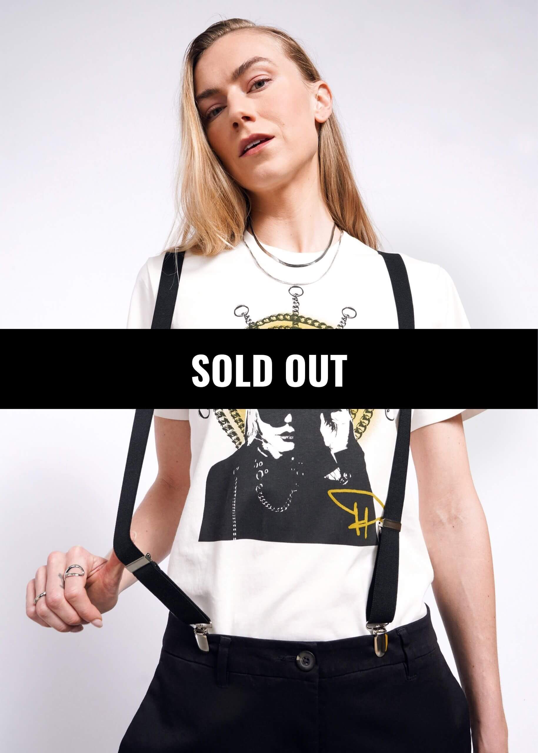 Model wearing Debbie Harry x Wildfang Graphic Tee on plain background with text overlay that reads SOLD OUT