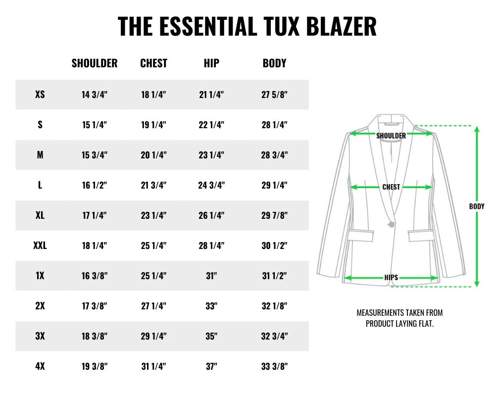 Size chart table on white background. Title reads THE ESSENTIAL TUX BLAZER. Table shows measurements for shoulder, chest, hip, and body for sizes XS-4X. On right of chart is drawing of blazer displaying where measurements are. Underneath text reads MEASUREMENTS TAKEN FROM PRODUCT LAYING FLAT.