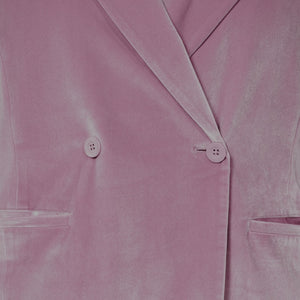 Close up of pink velvet blazer front.