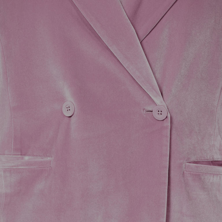 Close up of pink velvet blazer front.