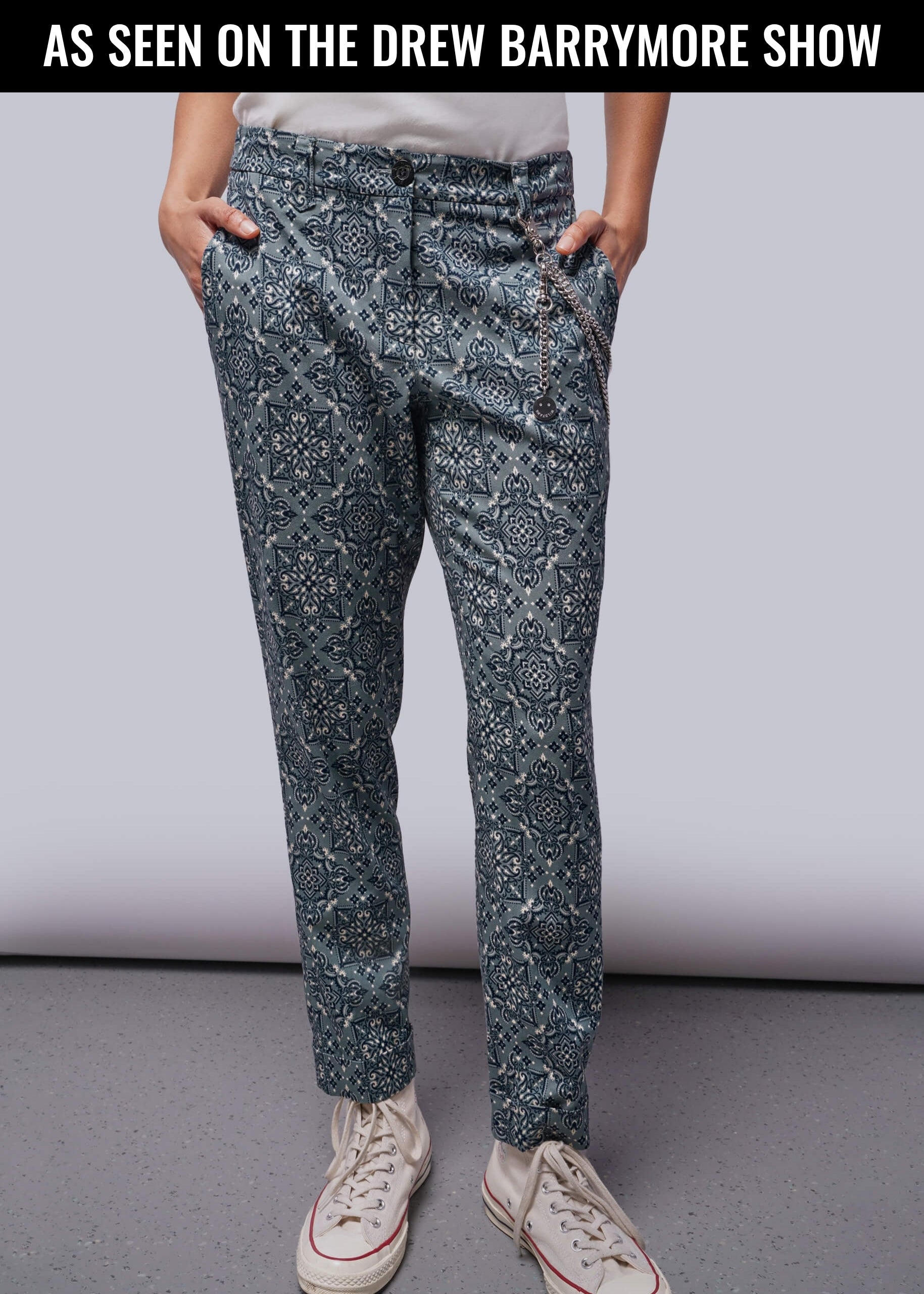 Model wearing Juliette Lewis X Wildfang Trouser with promotional copy at the top that reads "AS SEEN ON THE DREW BARRYMORE SHOW"