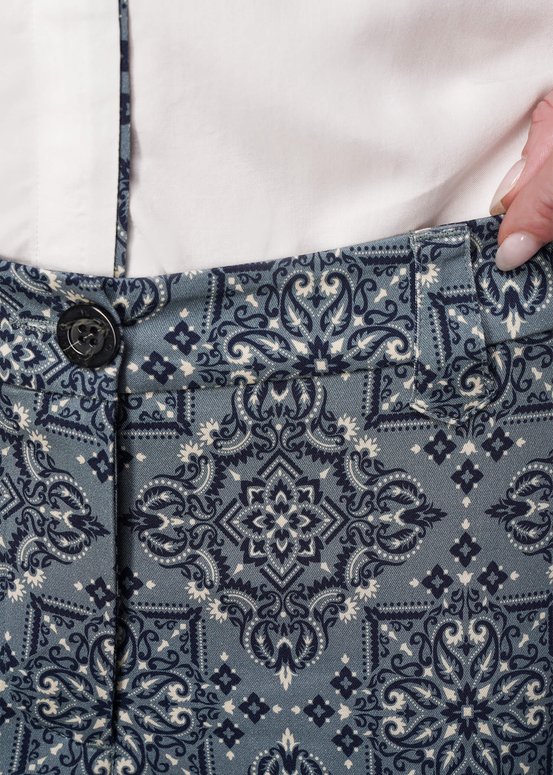 S=Close-up of a teal patterned pant showing waistband details.