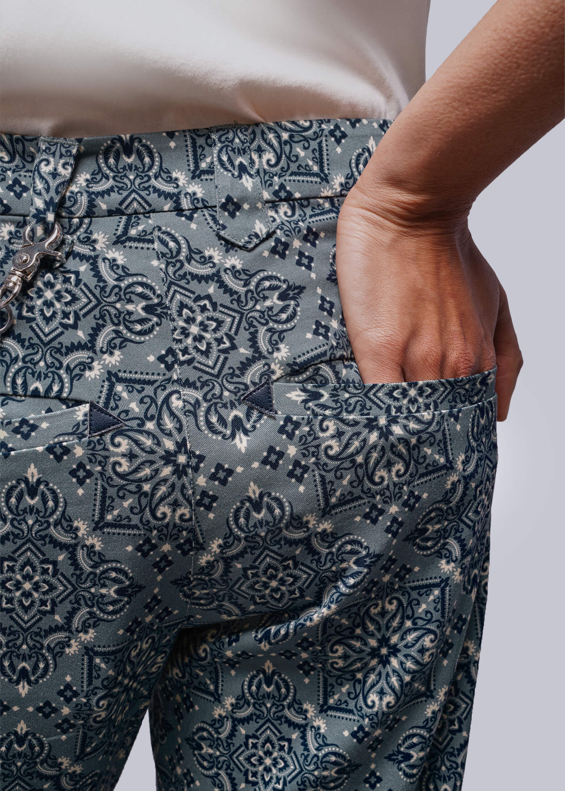 S=Close up of back of patterned pants with a plain background