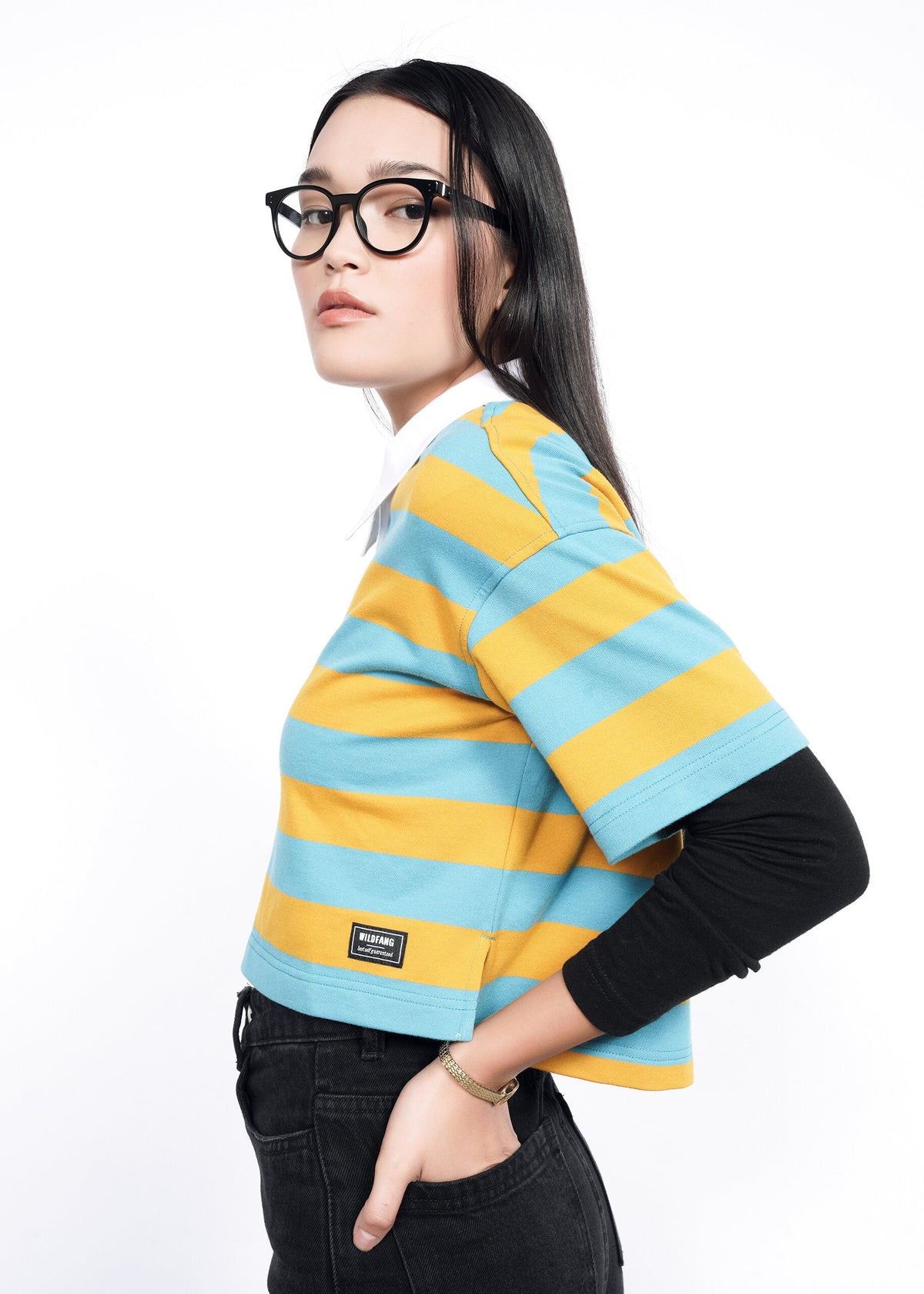 Model wearing Knit Rugby Top in Coastal / Honey