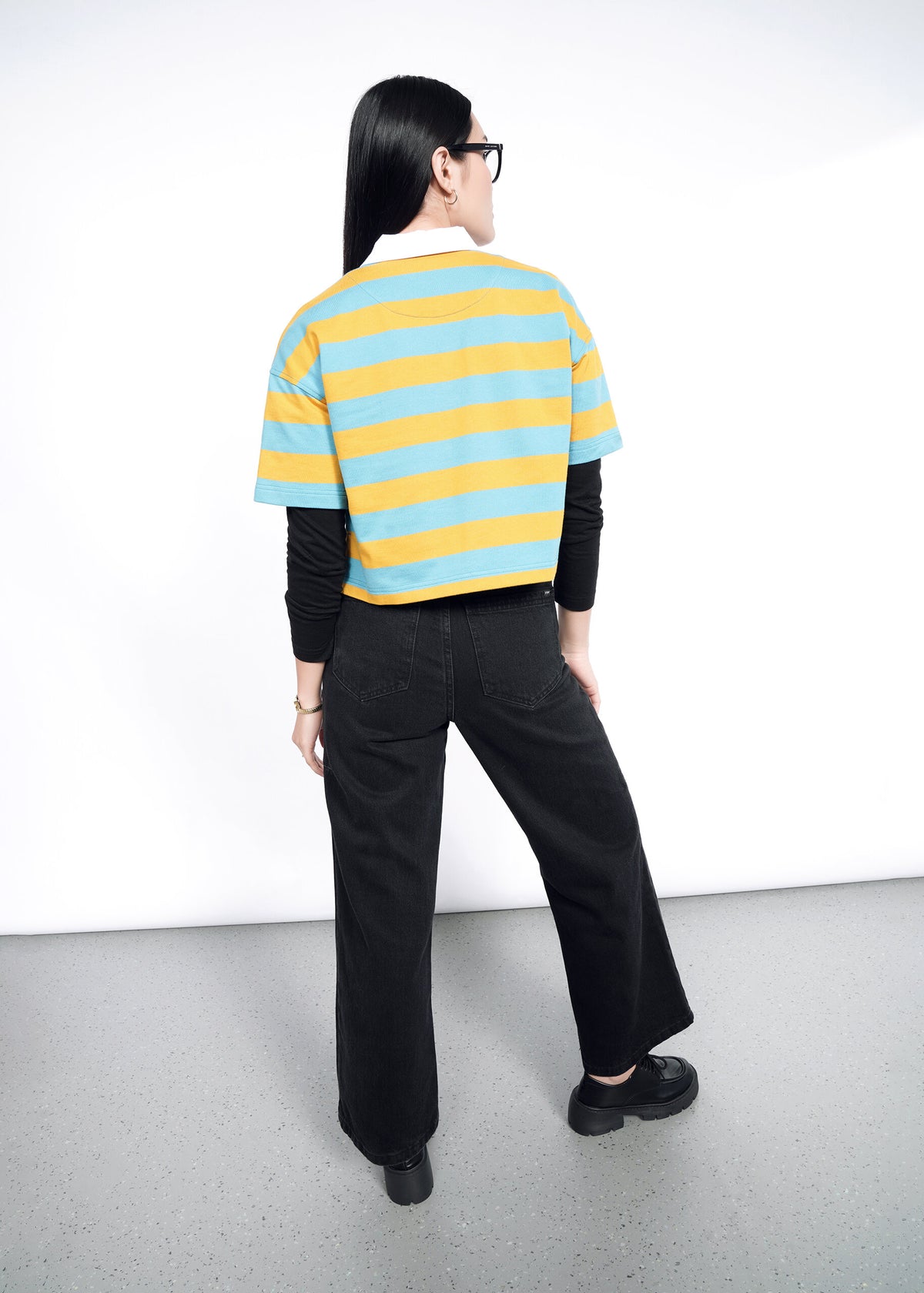 Model wearing Knit Rugby Top in Coastal / Honey