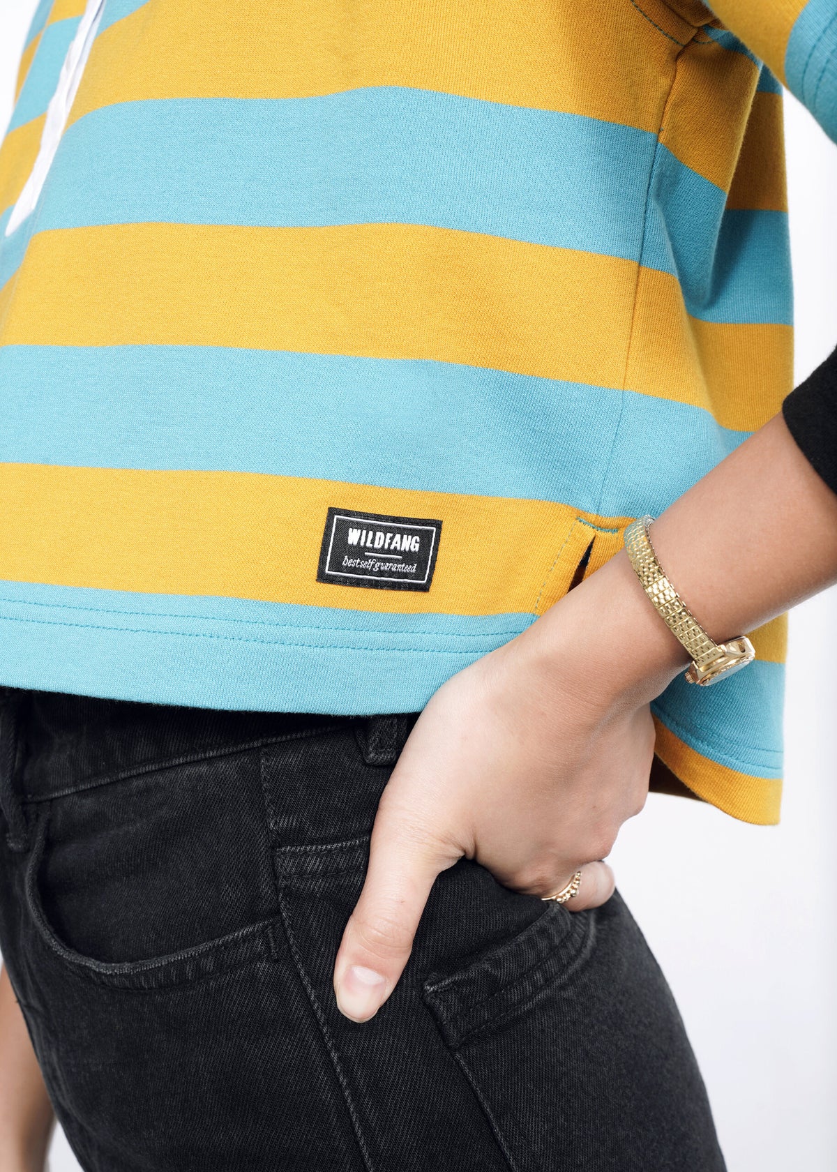Model wearing Knit Rugby Top in Coastal / Honey