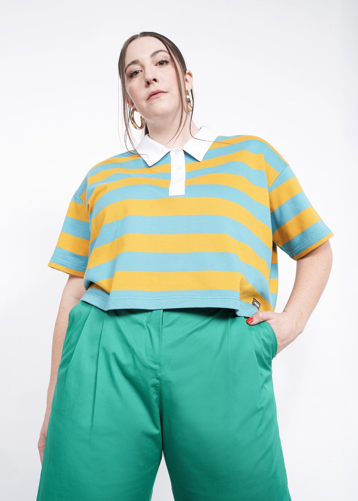 Model wearing Knit Rugby Top in Coastal / Honey