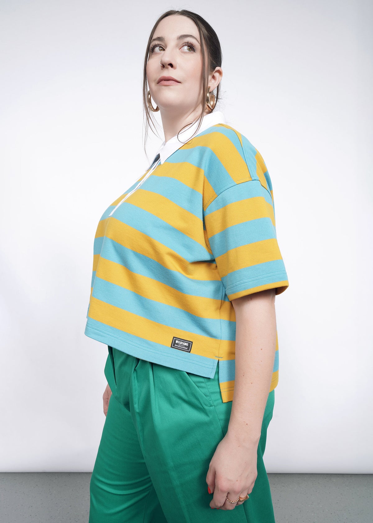 Model wearing Knit Rugby Top in Coastal / Honey
