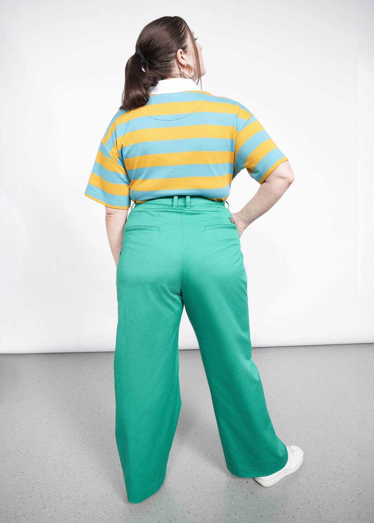 Model wearing Knit Rugby Top in Coastal / Honey