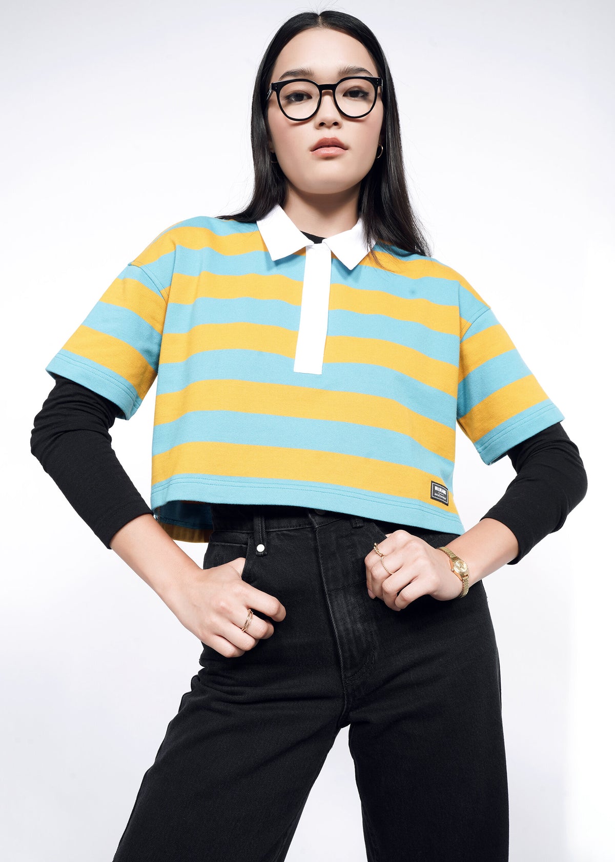 Model wearing Knit Rugby Top in Coastal / Honey